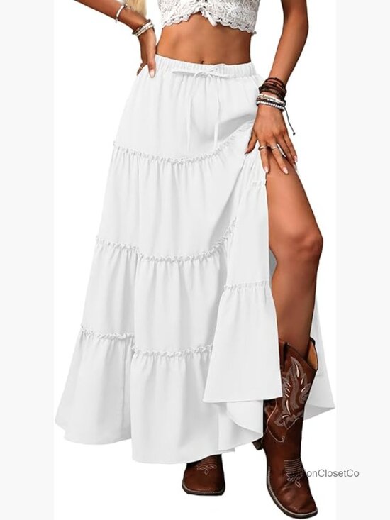 Dresses & Skirts - Boho A-Line Elastic Waist Maxi Skirt with Pockets - Flowy Rayon Blend Long Skirt